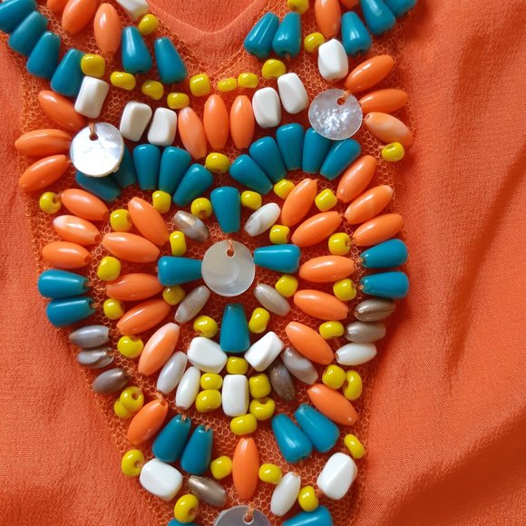 👚Trina Turk  100% Silk Orange Beaded V Neck Tunic Top Blouse - Picture 9 of 14